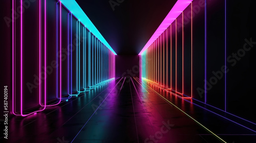 Dark corridor or tunnel, illuminated with bright light. Generative Ai