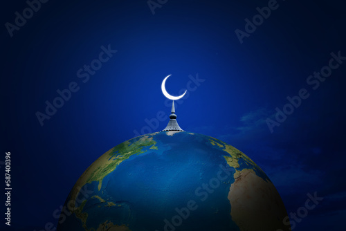 Fototapeta Naklejka Na Ścianę i Meble -  World Muslim concept background. Ramadan Kareem and Eid background. Eid moon at a top of a earth mosque