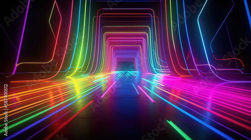 3d rendering, glowing lines, neon lights, abstract psychedelic background. Generative Ai