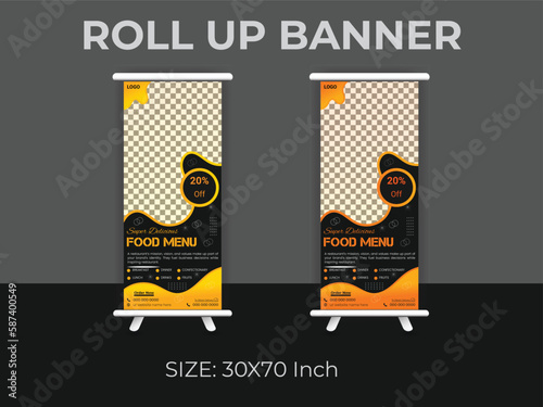 Restaurant food menu roll up banner  template. delicious food standee banner layout.