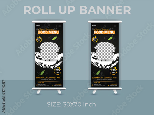 Restaurant food menu roll up banner  template. delicious food standee banner layout.