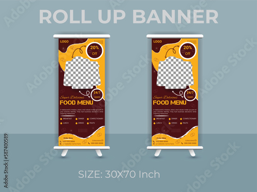 Restaurant food menu roll up banner  template. delicious food standee banner layout.