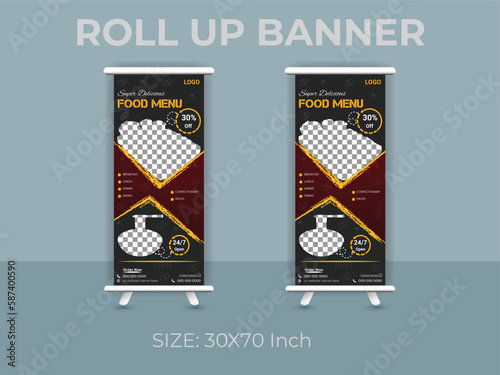 Restaurant food menu roll up banner  template. delicious food standee banner layout.