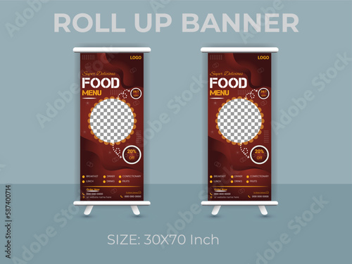 Restaurant food menu roll up banner  template. delicious food standee banner layout.