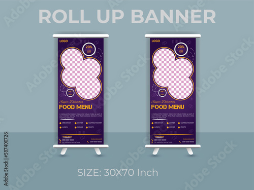 Restaurant food menu roll up banner  template. delicious food standee banner layout.
