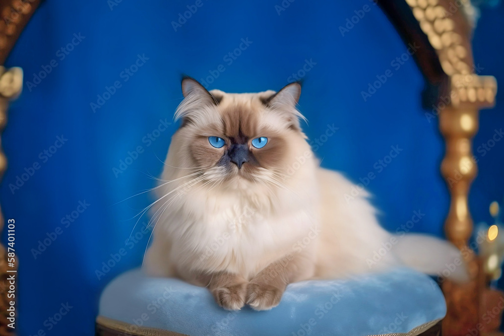 White long haired Ragdoll cat with white fur and blue eyes sitting on blue cushion. Generative AI