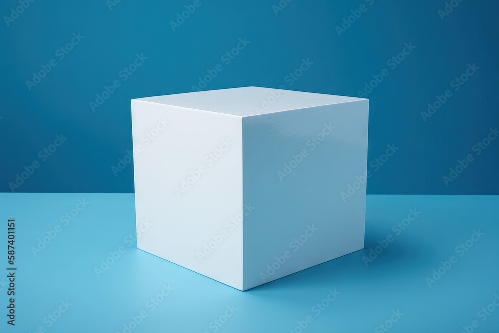  a white square box sitting on a blue surface with a blue wall in the back ground and a blue wall in the back ground behind it.  generative ai