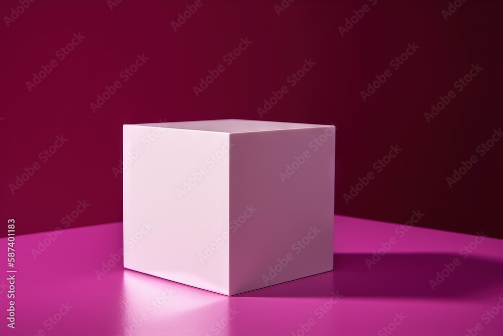 a white cube sitting on top of a pink table next to a red wall and a red wall in the background with a pink floor. generative ai a white cube sitting on top of a pink table next to a red wall and a red wall in the background with a pink floor. generative ai