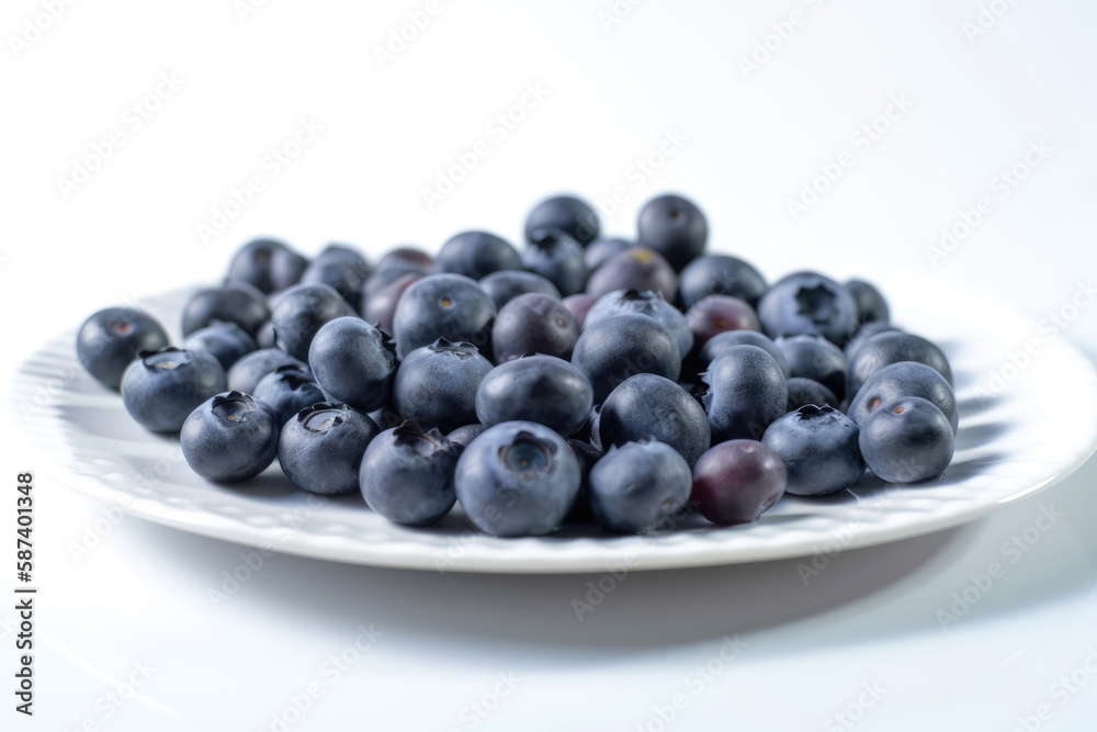 Closeup of fresh juicy blueberries on white plate isolated on white background, copy space. High resolution. Generative AI Closeup of fresh juicy blueberries on white plate isolated on white background, copy space. High resolution. Generative AI