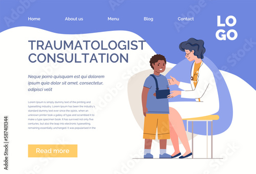 Child with broken arm visits orthopedic doctor. Traumatologist treats injury of small patient. Characters in colored flat vector illustration isolated on white background. Web template, landing page.
