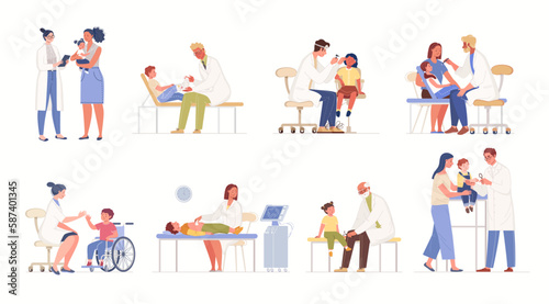 Set of illustrations "Children at doctor's appointment", isolated on white background. Collection of various pediatric physician advising patients. Vector characters flat cartoon.