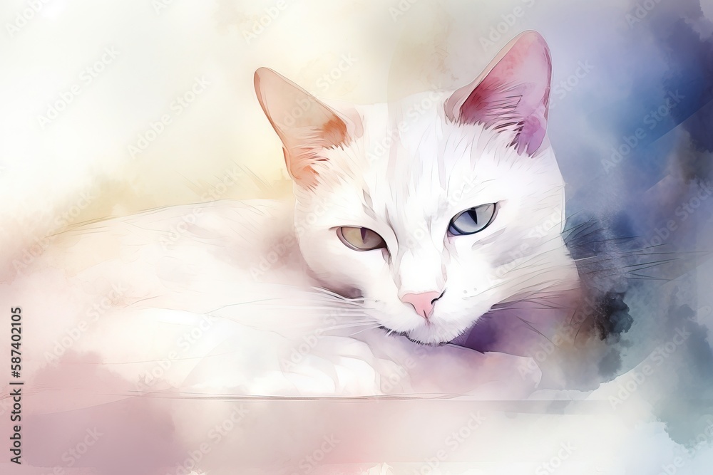 a white cat with blue eyes laying down on a table with a blurry ...