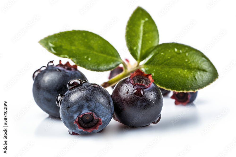 Closeup of fresh juicy blueberries with water drops isolated on white background. High resolution. Generative AI Closeup of fresh juicy blueberries with water drops isolated on white background. High resolution. Generative AI