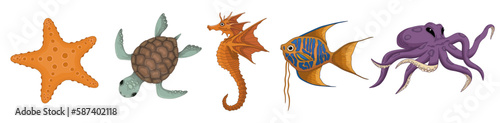 Vector illustrations of sea creatures. Seahorse, starfish, turtle, fish, octopus