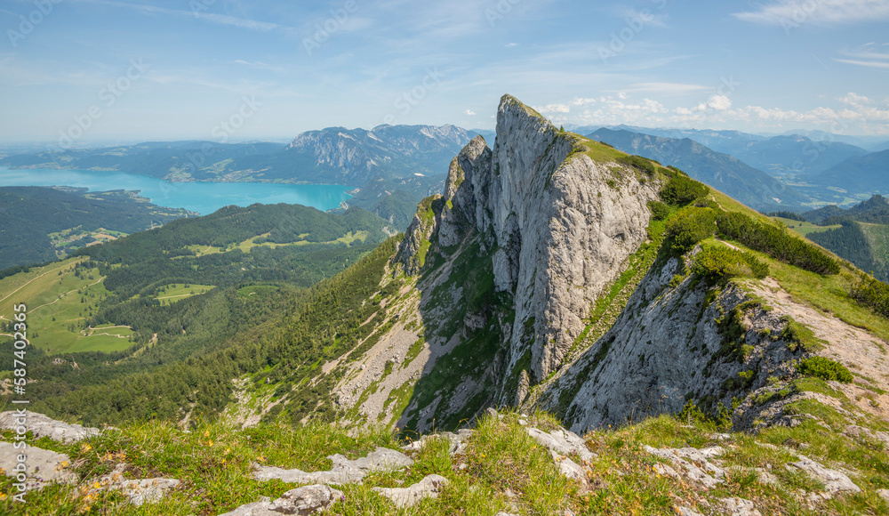 View of alpine landscape with a sharp peak, rocks and grass during summer in the Austria Alps.