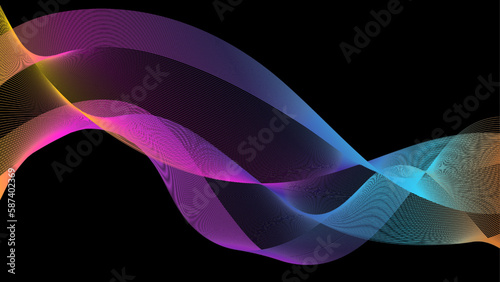 Abstract blue background with purple blue neon gradient wave. Abstract backdrop with colorful wave gradient lines on black background. Vector illustration. Blue and pink abstract wave.