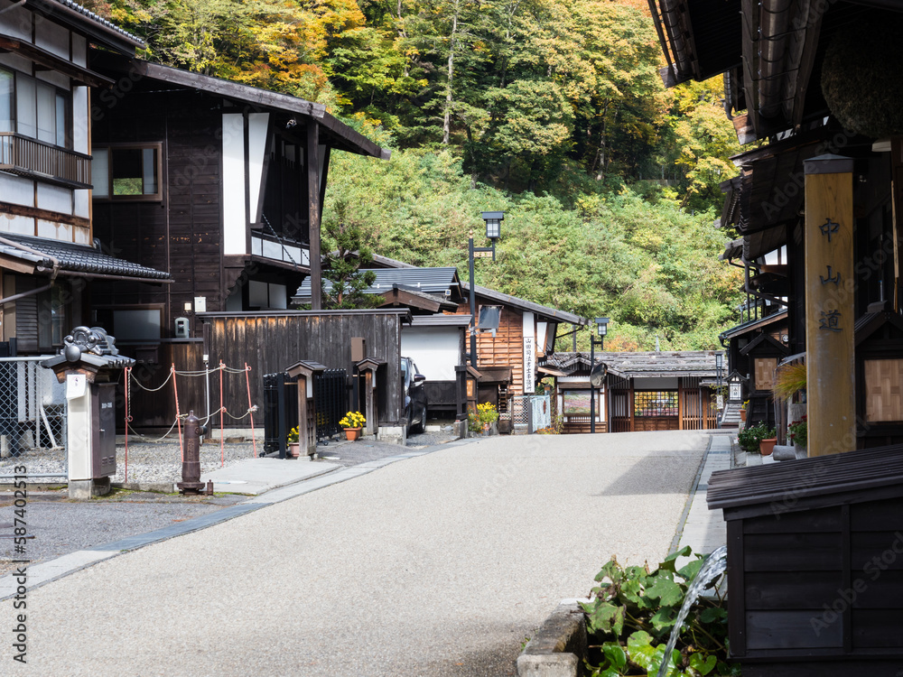 Traditional houses in historic district of Kiso-Fukushima, an old post town along Nakasendo road - Nagano prefecture, Japan Traditional houses in historic district of Kiso-Fukushima, an old post town along Nakasendo road - Nagano prefecture, Japan