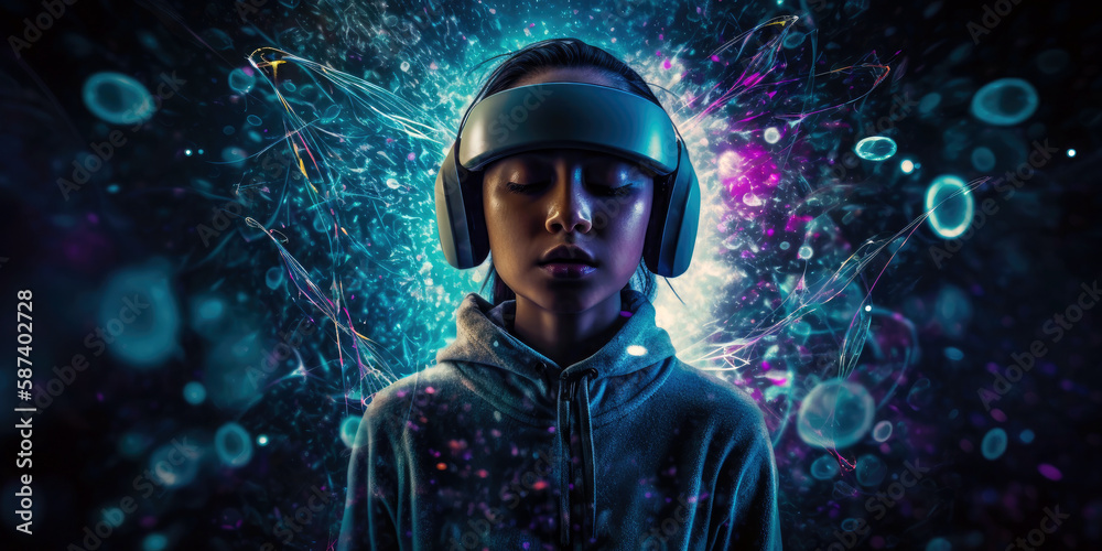 young girl wearing a modern vr - mind read headset, fully immersed in a cosmic environment(created with Generative AI) - obrazy, fototapety, plakaty 