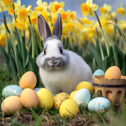 Daffodil Easter Bunny: Adorable Fluffy Friend Frolicking Amongst Vibrant Springtime Blooms - a Cute Bunny in a Field of Golden Ddaffodils - Generative AI