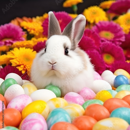 Easter Gerbera Wonderland: Adorable Bunny Basking in the Beauty of Colorful Gerbera Flowers - Cute Rabbit Celebrating the Holiday with a Dazzling Floral Display - Generative AI