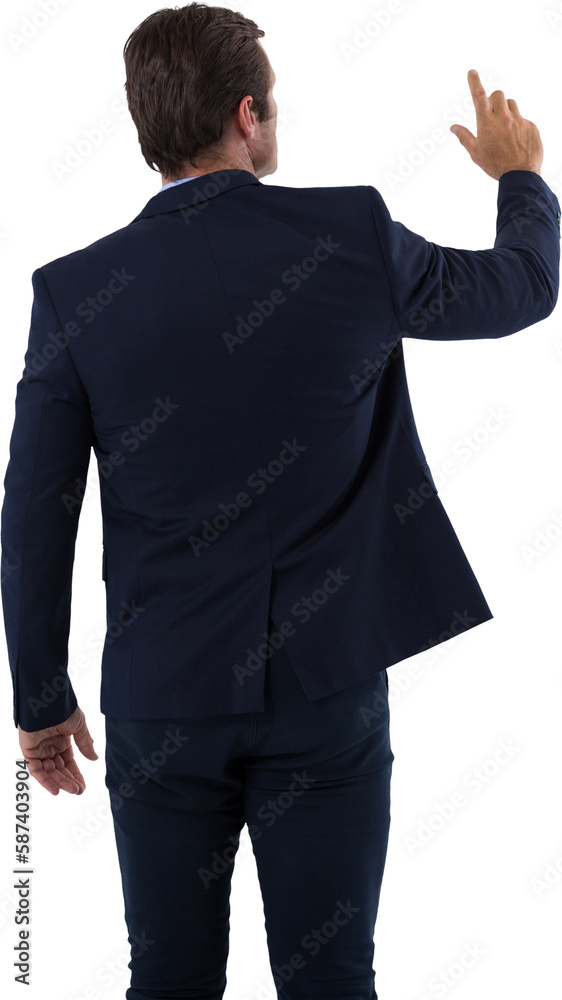 Businessman pressing an invisible virtual screen Businessman pressing an invisible virtual screen