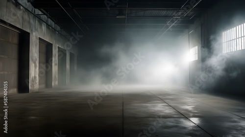 Empty Concrete Room with Smoke or Steam on the Floor