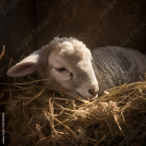 Closeup of resting lamb in a bed of fresh straw inside a barn.