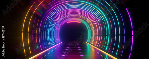 abstract geometric background with rainbow glowing neon. Laser linear shape glowing in the dark.