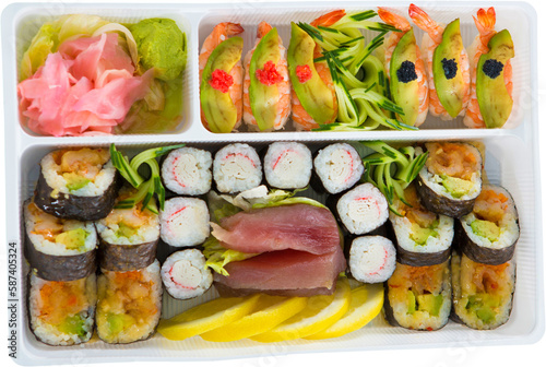 Close up of fresh japanese food platter