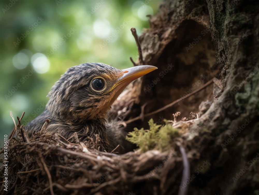 Close up of a baby blackbird (Turdus merula) in a nest