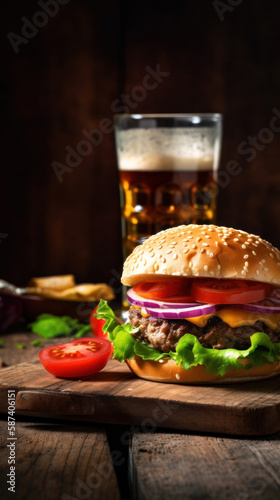 A Delicious Cheeseburger with Beverage on side