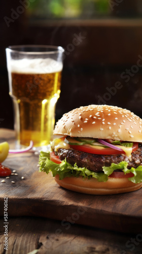 A Delicious Cheeseburger with Beverage on side