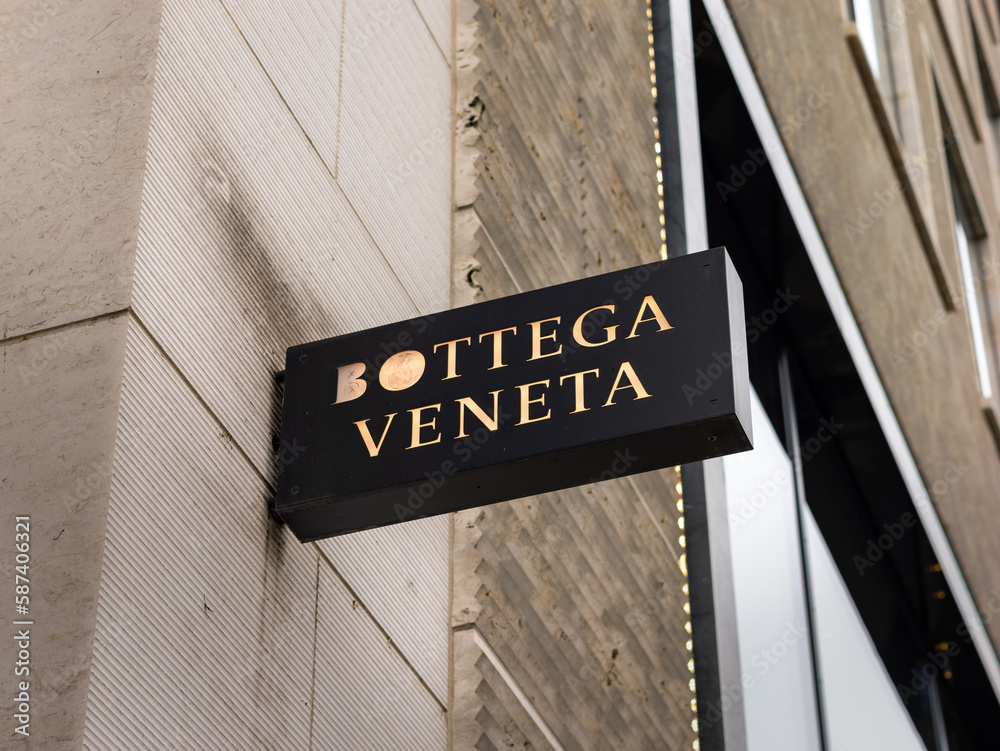 FRANKFURT GERMANY 20. March 2023 Bottega Veneta logo sign on the store building facade. Italian luxury fashion designer in the inner city. Shopping for expensive lifestyle products. Stock Photo Adobe ...