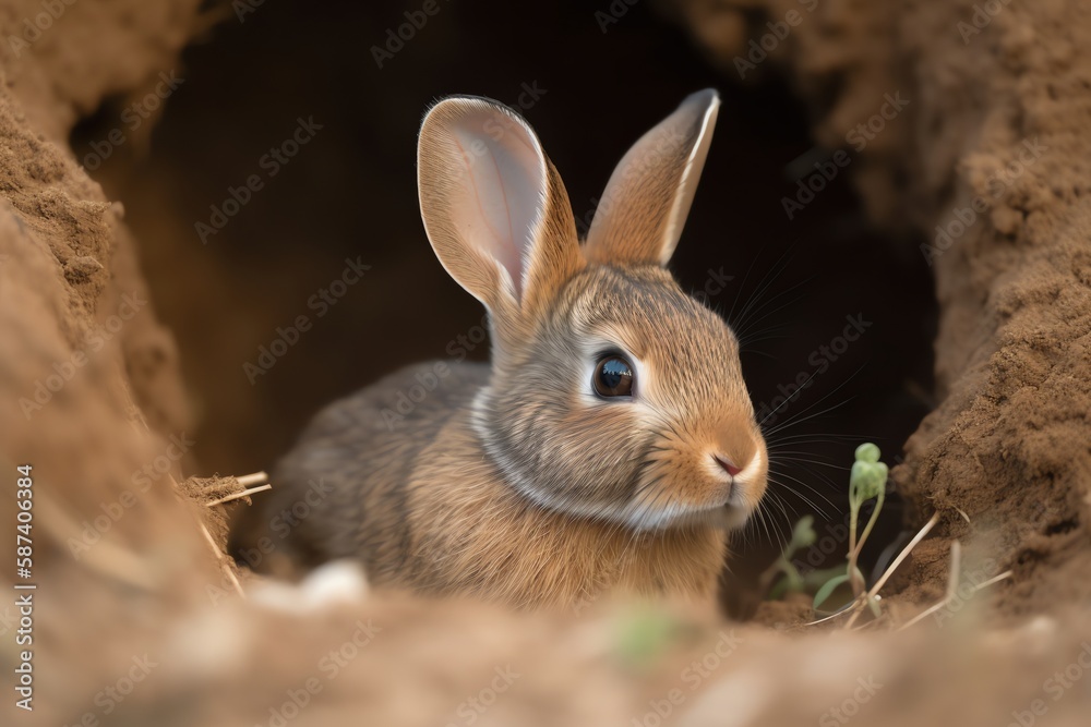 Rabbit in the hole, close-up portrait, selective focus Rabbit in the hole, close-up portrait, selective focus