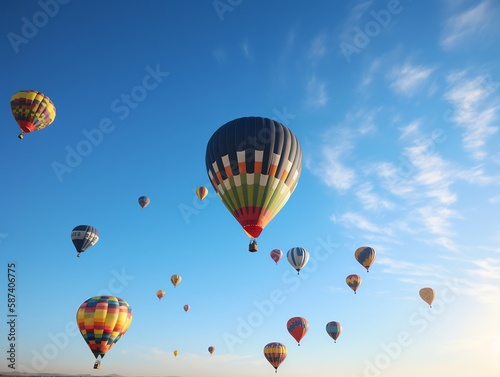 Hot air balloons flying in the blue sky. 3D Rendering © Medard