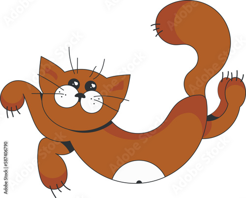 Funny ginger cat in an arc with a fluffy tail, flatt style