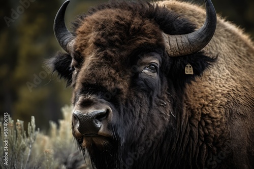 Yellowstone Bison in portrait. Generative AI
