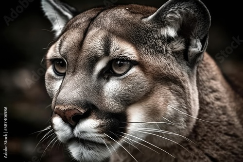 An alpine lion. Cougar in closeup. Mountain lion and American puma detail portrait poster depicting animal life. Generative AI photo