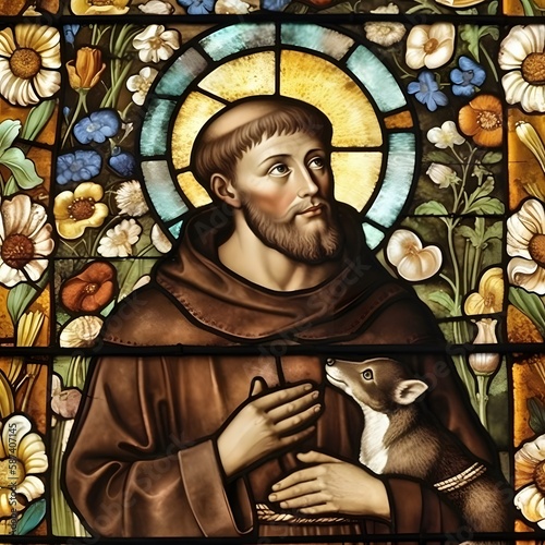 Saint Francis of Assisi. Stained Glass style. Generative Ai. St. Francis of Assisi. photo