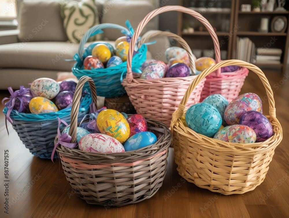 Baskets with colorful Easter eggs in the living room at home Baskets with colorful Easter eggs in the living room at home