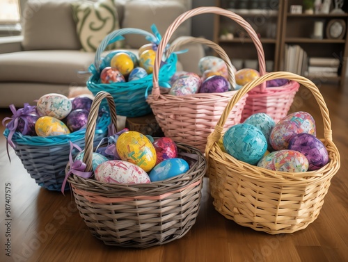Baskets with colorful Easter eggs in the living room at home