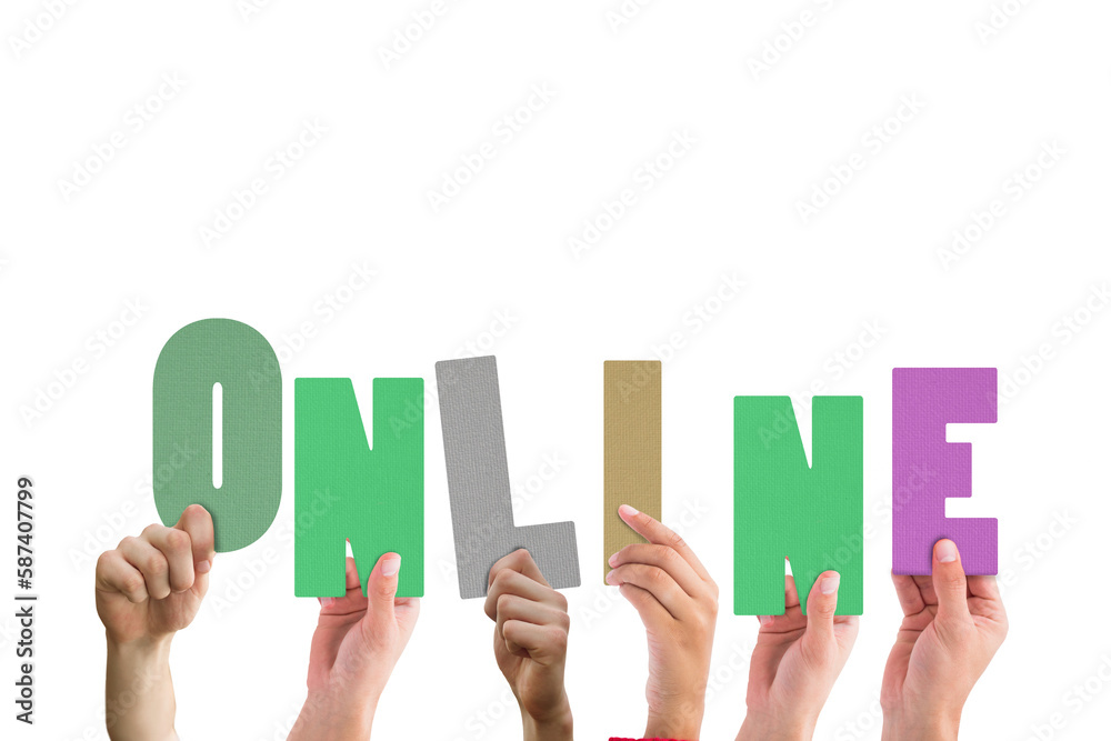 Colorful alphabet spelling online held up by people Colorful alphabet spelling online held up by people