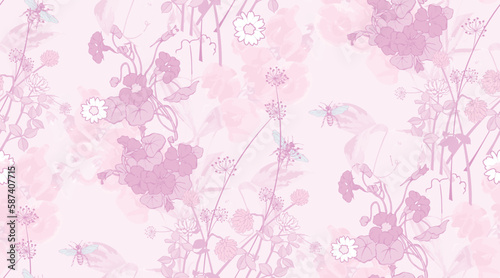  Colored flowers on pinc background. Seamless pattern. Vector illustration. Suitable for fabric, mural, wrapping paper and the like.