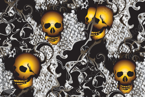 Design of scull dedicated to halloween. Black and gold color. For wallpaper, banner, background, card, book, mural, Illustration, landing page, cover, placard, poster..