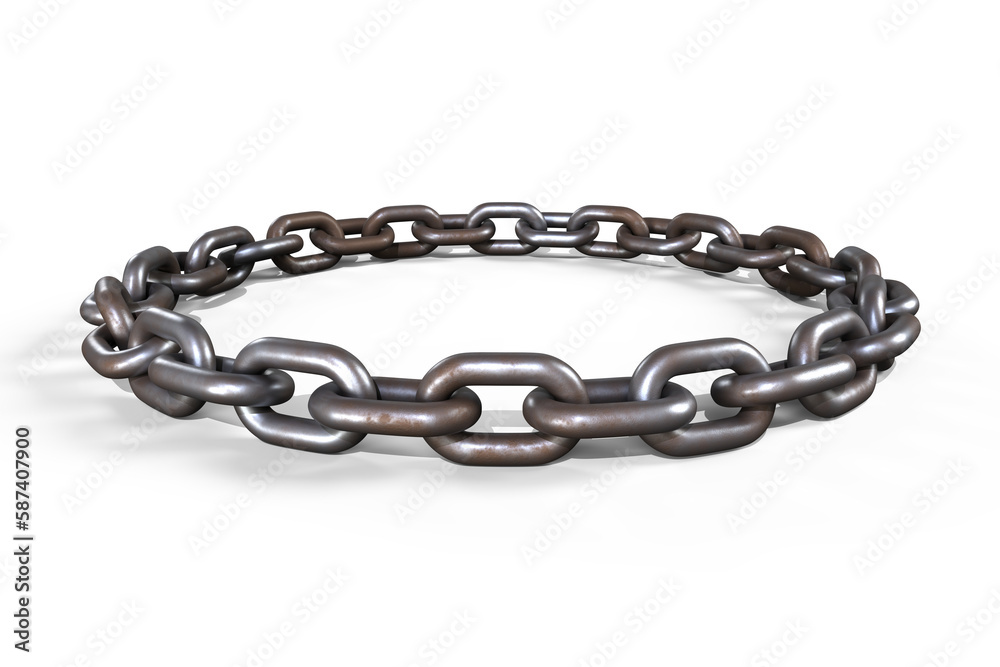 Closeup 3d image of circular rusty chain