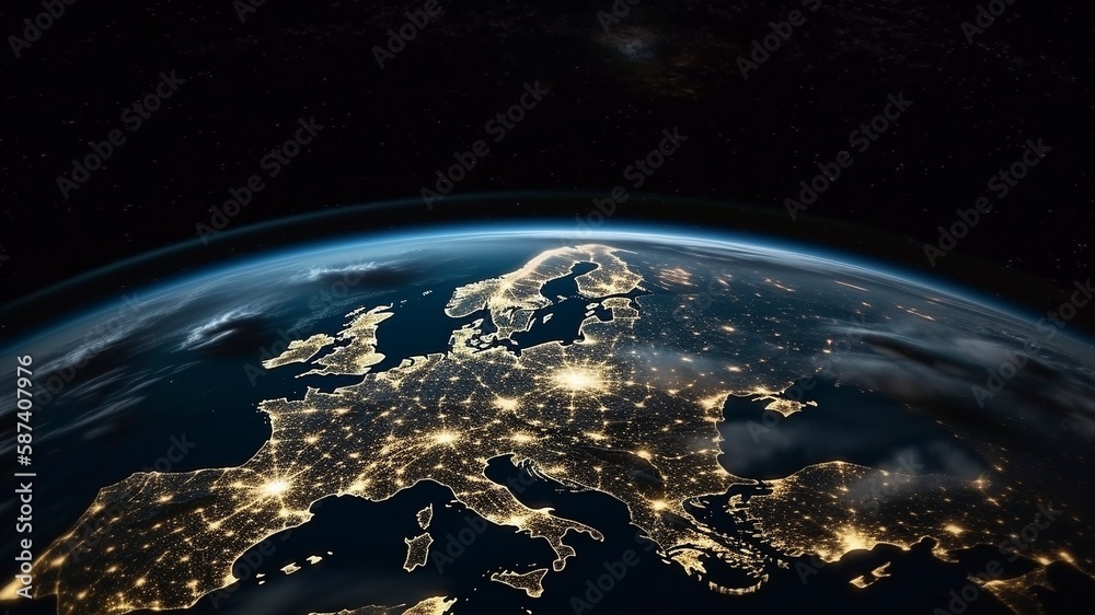 Obraz premium Nighttime View of Earth from Space, Illuminated by City Lights, Generative AI