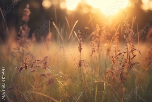 Grass flower in meadow at sunset, vintage color tone.