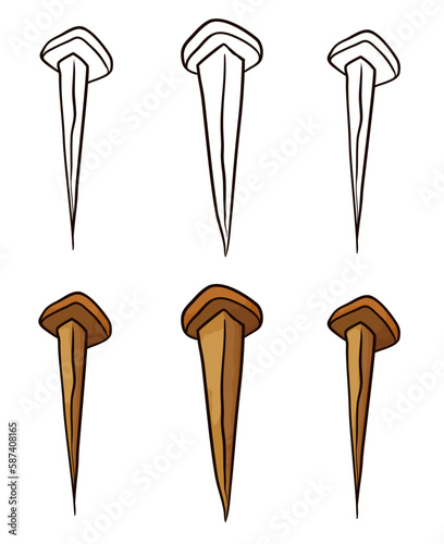 Set with old nails in outlines and cartoon style, Vector illustration