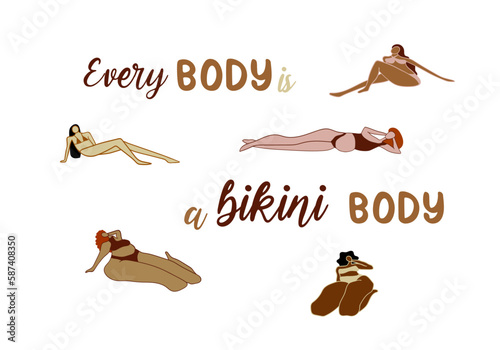 Bikini body positive bundle. Various race and shape women wearing swimming suits clip art illustrations bundle. Every body is a bikini body
concept