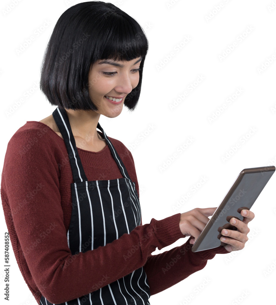 Waitress using digital tablet against white background